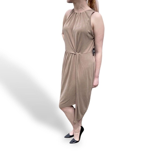 Express Women's Large Dress Sleeveless Gathered Neckline Faux Wrap Stretch Beige - Picture 1 of 11